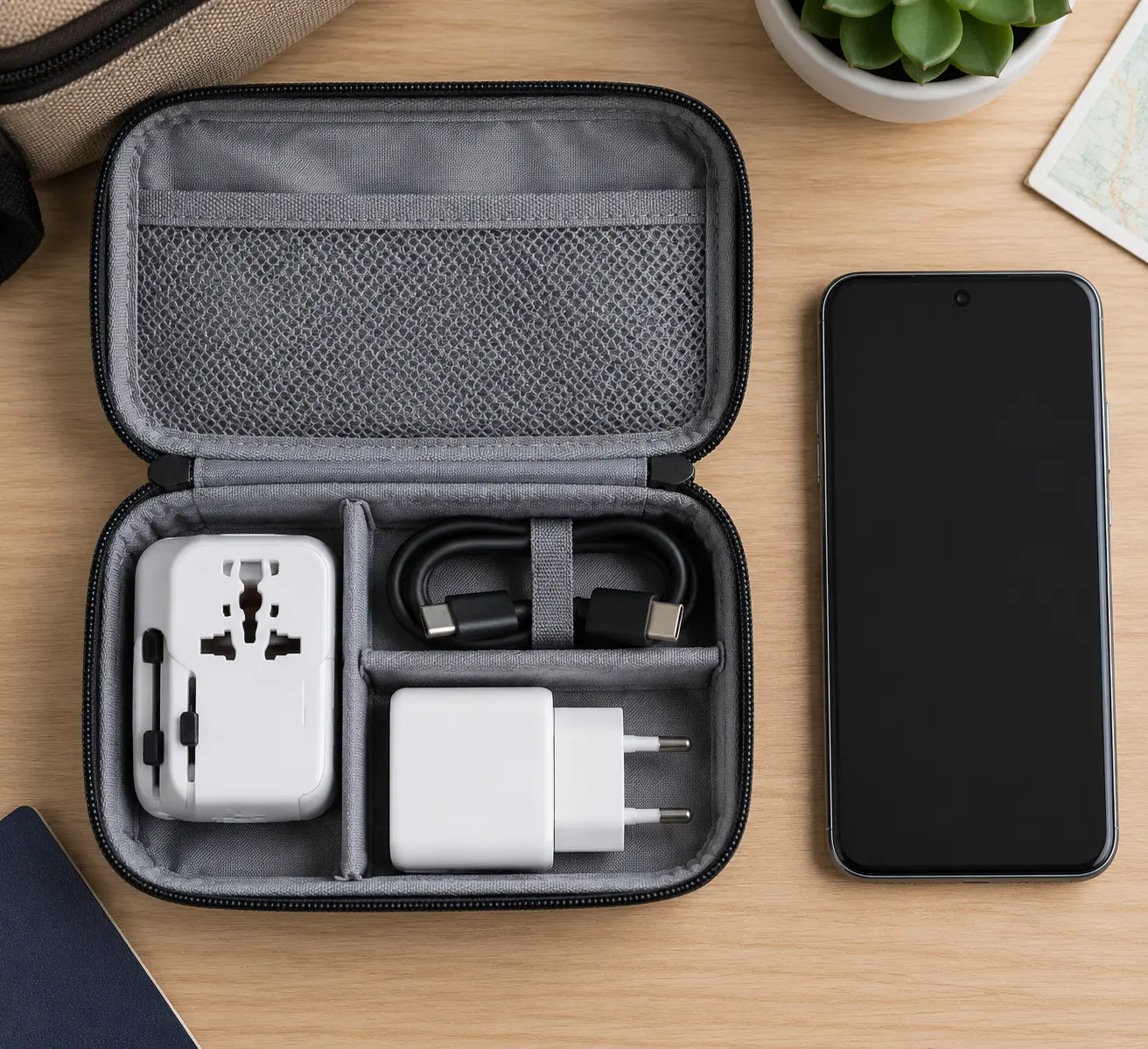Комплект для зарядки на пересадке Дорожный переходник, короткий кабель USB-C и зарядный блок лежат в открытом органайзере рядом с телефоном перед пересадкой в аэропорту.