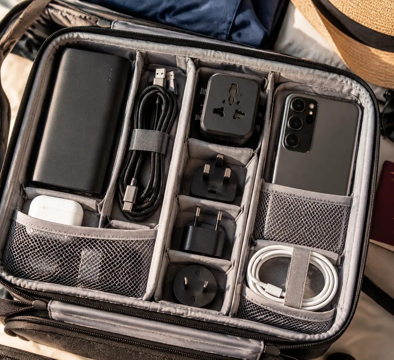 Дорожный адаптер, кабель USB-C, пауэрбанк и телефон аккуратно уложены в открытый органайзер ручной клади путешественника.