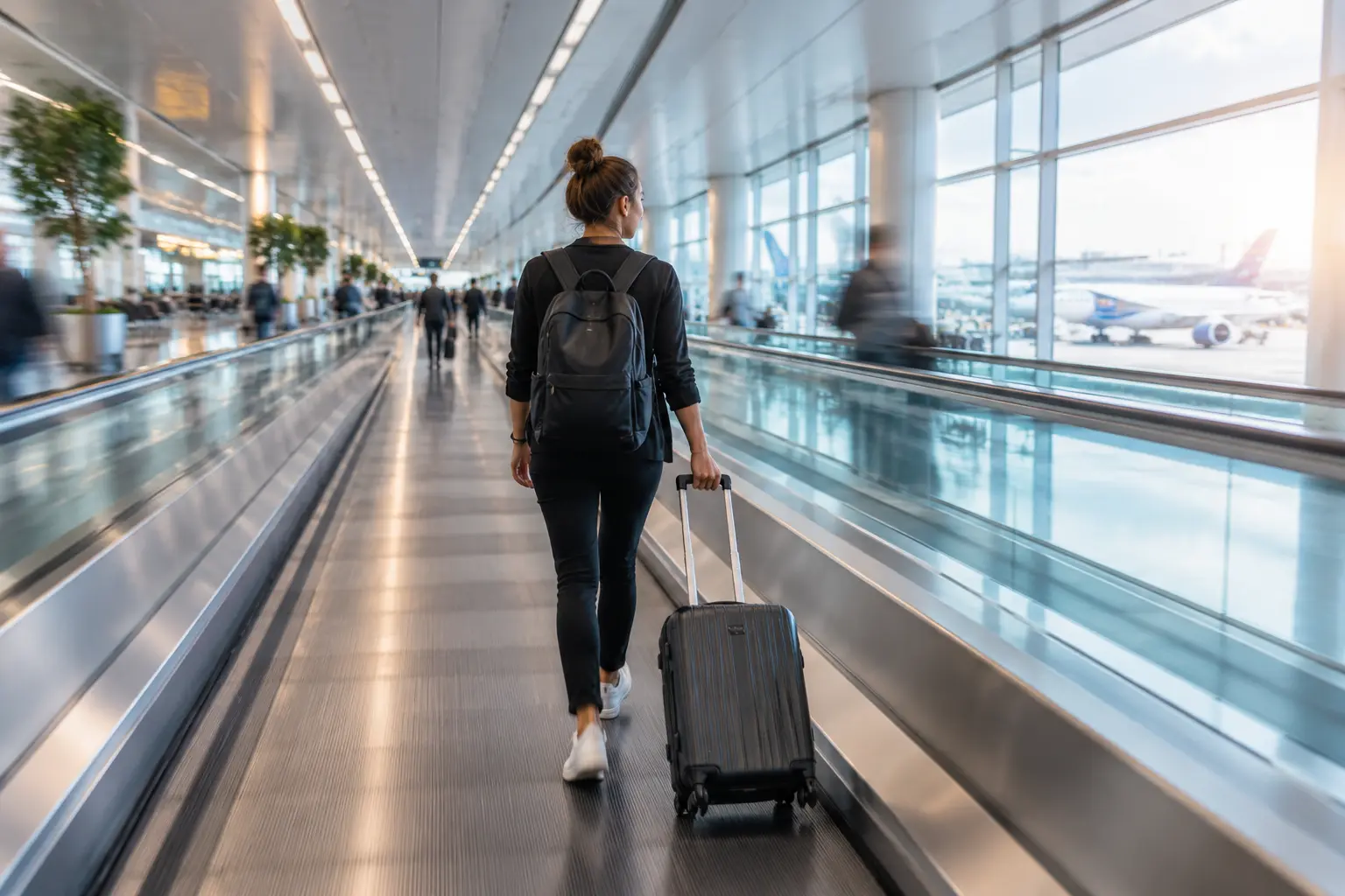 Пассажир с ручной кладью идёт по указателям Concourse B в терминале 3 аэропорта Дубая во время короткой стыковки между рейсами