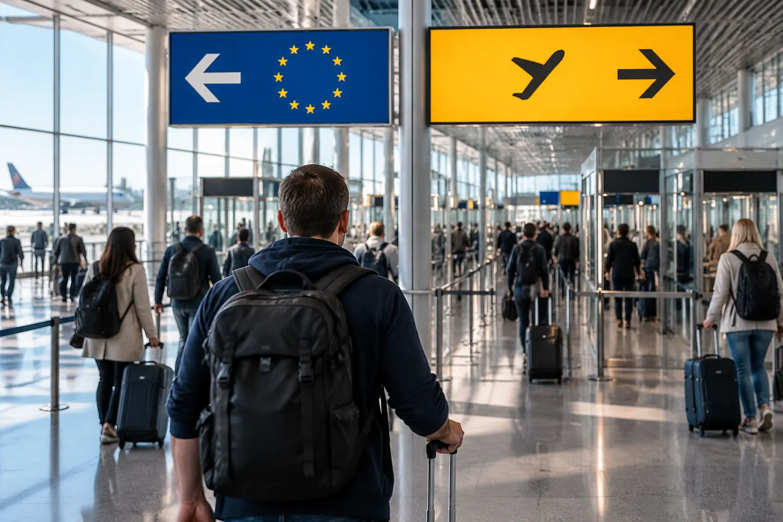 Пассажир идёт по указателям Schengen и Non-Schengen в терминале Варшава-Шопен перед продолжением международной пересадки.