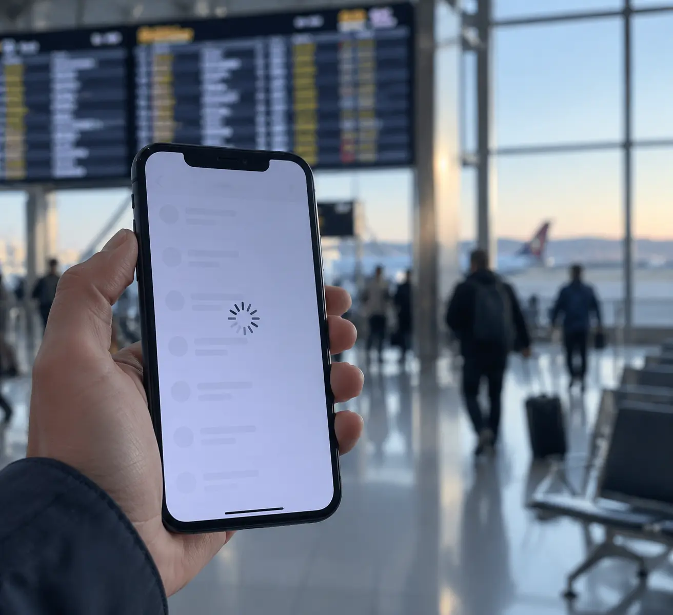 Экран смартфона с пустым списком сегментов брони и таймером синхронизации в аэропорту Домодедово перед утренним вылетом на Варшаву