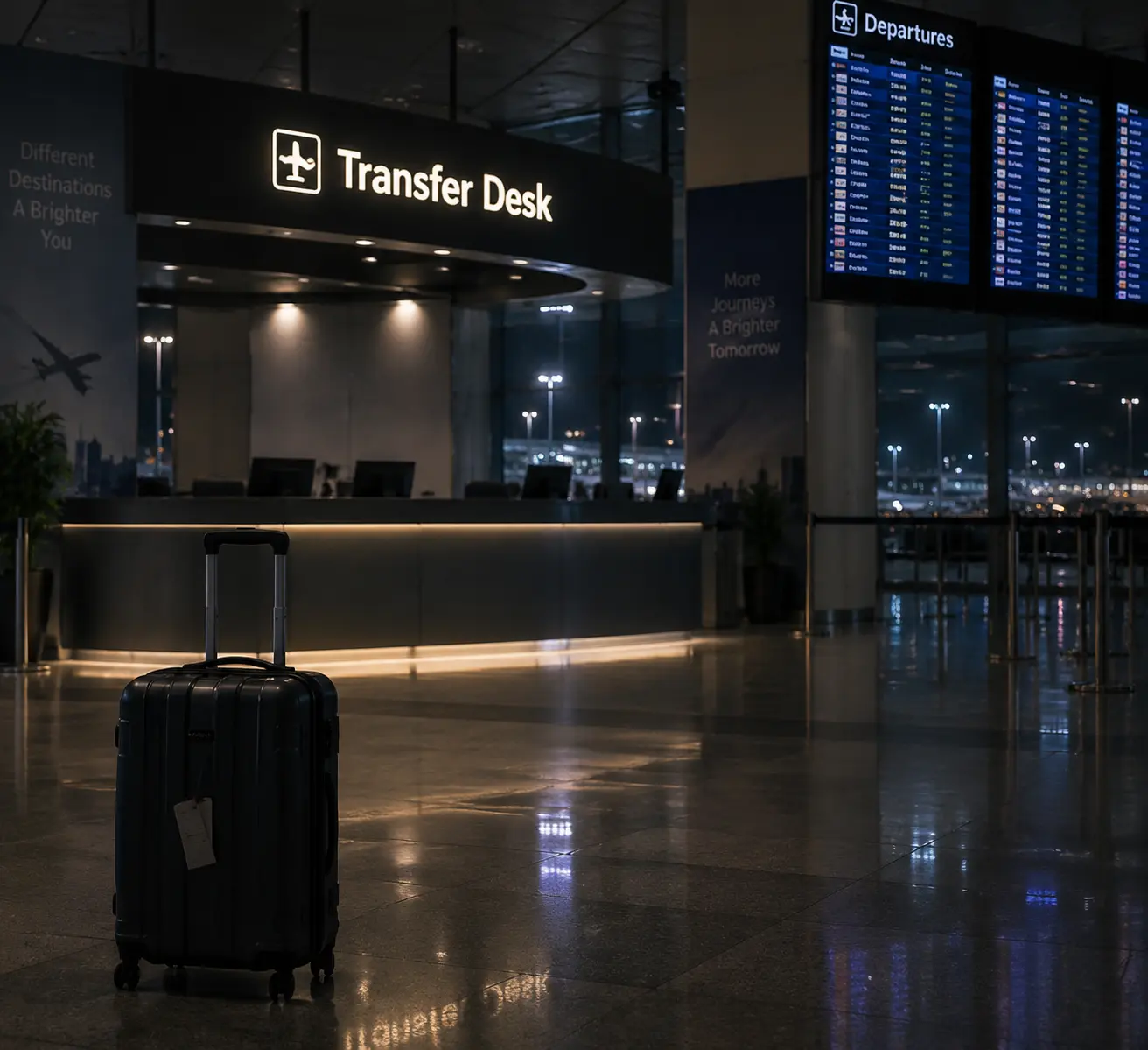 Пустая стойка трансфера в ночном терминале аэропорта, где пассажир ждёт информации о переносе стыковочного рейса на утро.
