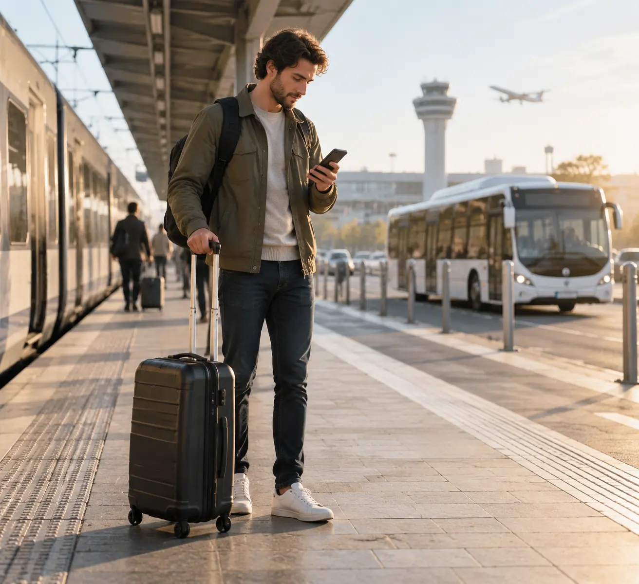 Пассажир с чемоданом на железнодорожной платформе проверяет на смартфоне время вылета самолёта по комбинированному билету