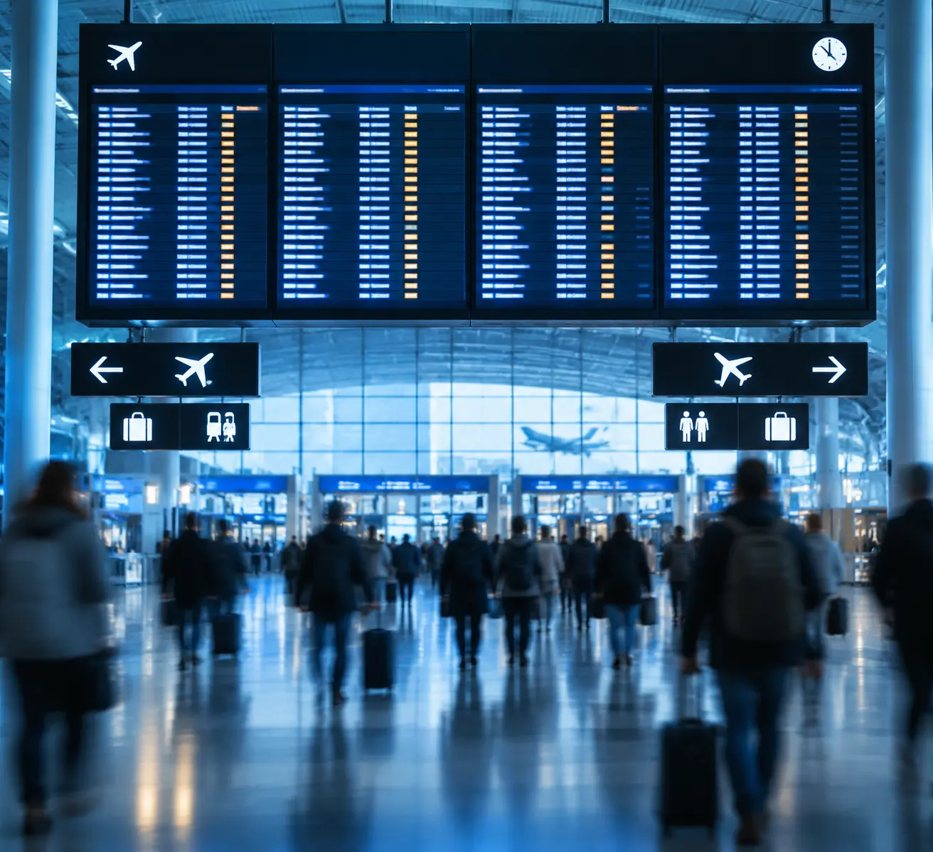 Табло вылетов с указанием терминалов и стоек регистрации в крупном хабе, куда пассажир с раздельными билетами идёт сдавать багаж заново.