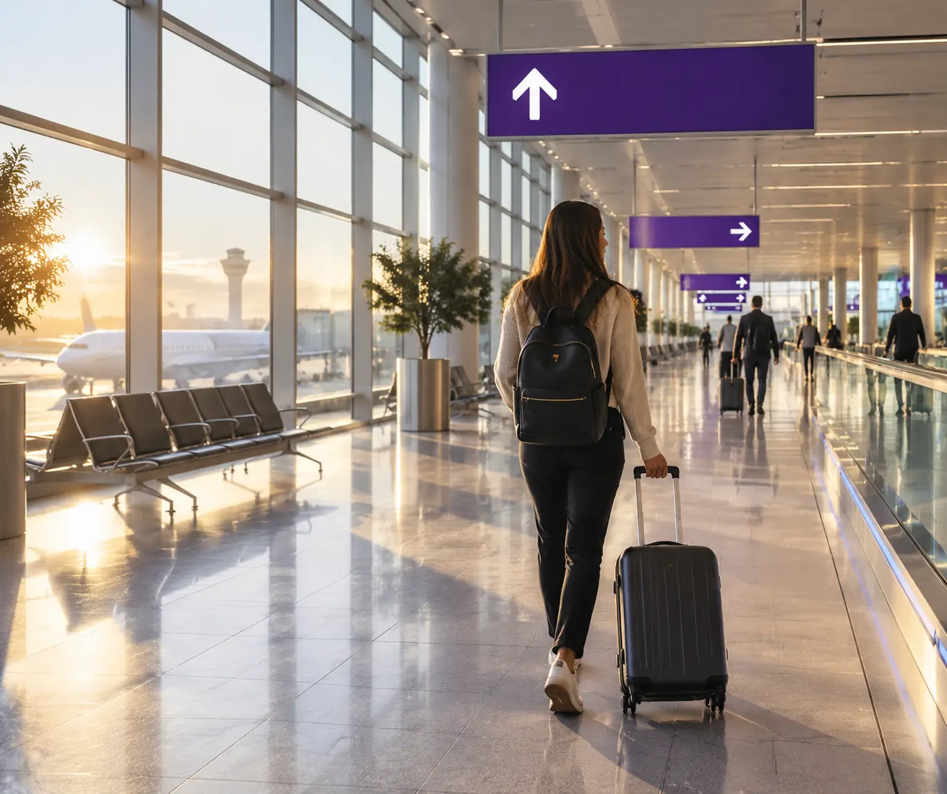 Пассажир с ручной кладью идёт по указателям Flight Connections в терминале 5 аэропорта Хитроу ранним утром перед стыковкой.