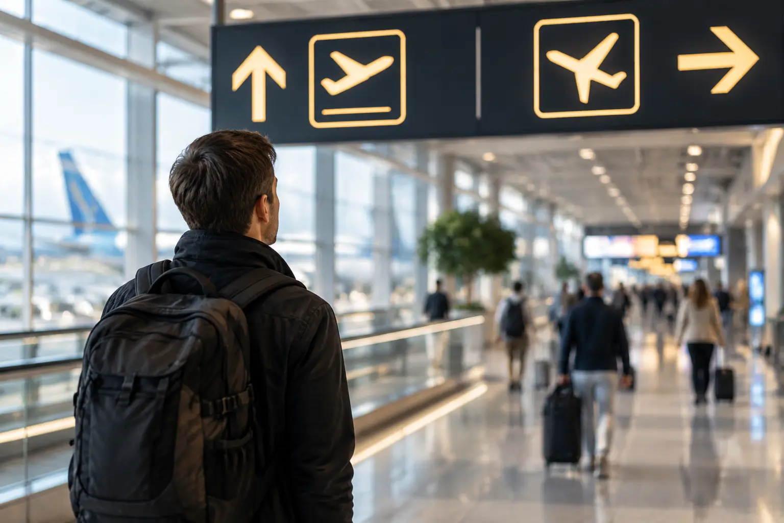 Пассажир с рюкзаком читает табло указателей Transfer и Exit в переходе между терминалами крупного европейского аэропорта в утренний час