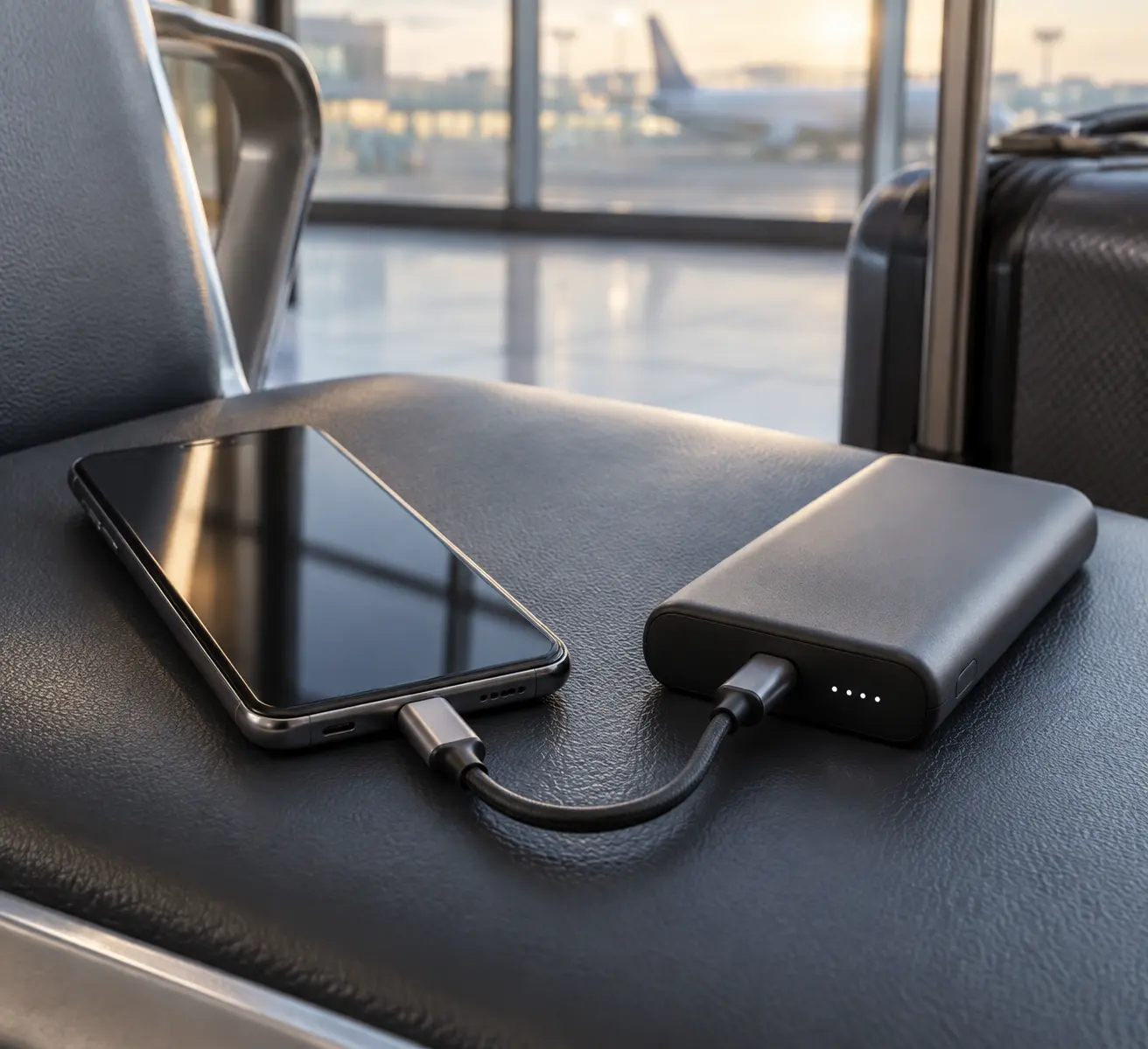 Пауэрбанк с коротким кабелем USB-C лежит рядом со смартфоном на кресле у выхода на посадку во время короткой пересадки в аэропорту.